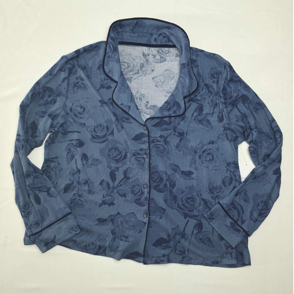 Roudelain Women 2 Pc PJs Set Ribbed Floral Blue Large Rose Print Sleepwear NWT